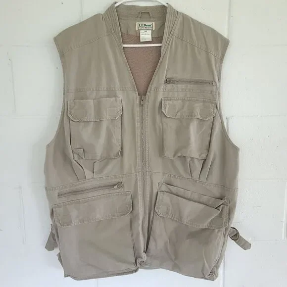 LL Bean Vintage Fishing Field Vest Men's LG Khaki Photography Hunting Back Pouch